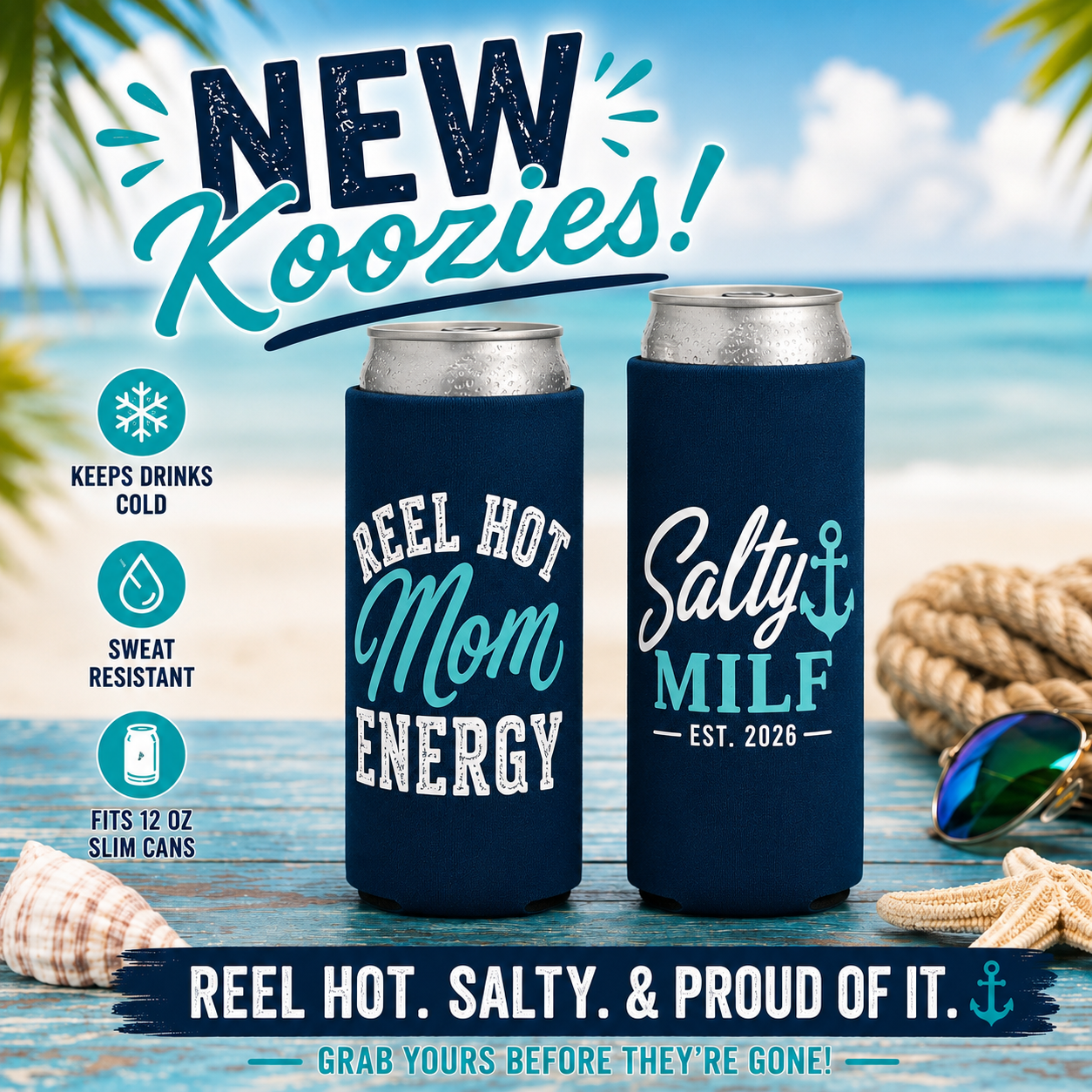 Reel Hot Mom Energy | Slim Can Koozie