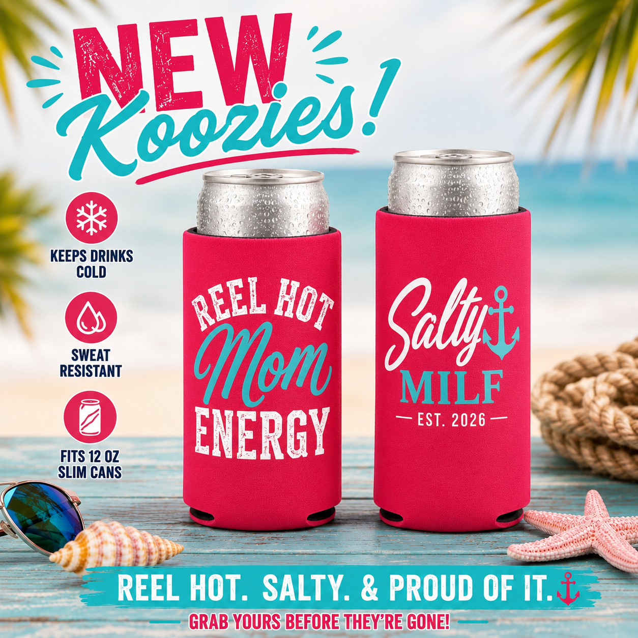 Reel Hot Mom Energy | Slim Can Koozie